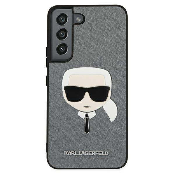 Hülle KARL Hülle Samsung Galaxy S22 Plus Saffiano Ikonik Karl`s Head Silber Hardcase
